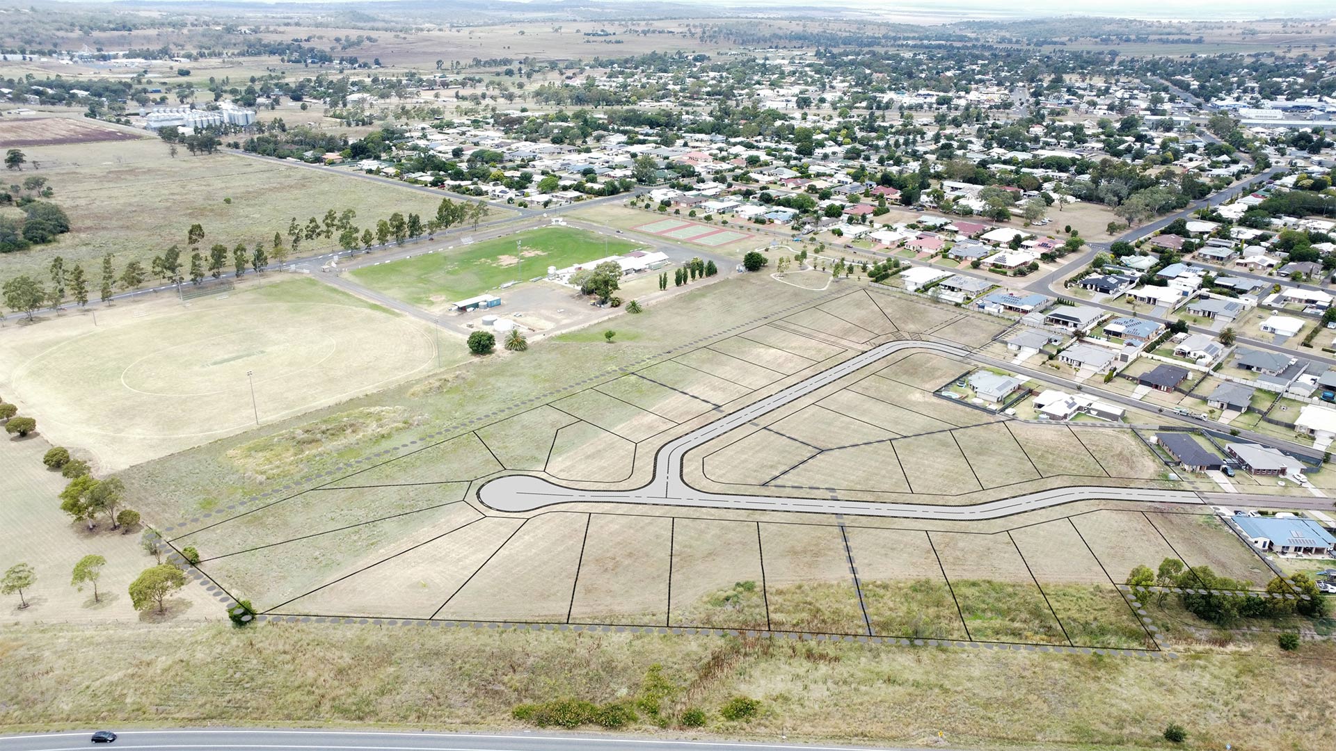 aerial view with boundary lines of new vines estate in Pittsworth