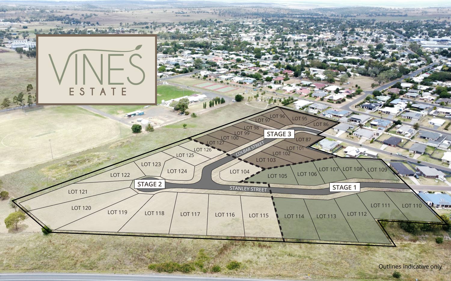 aerial view with map overlay of new vines estate in Pittsworth